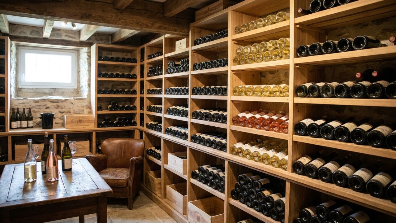 Cave à vin organisée avec casiers en bois contenant une sélection variée de bouteilles de vins rouges, blancs et rosés