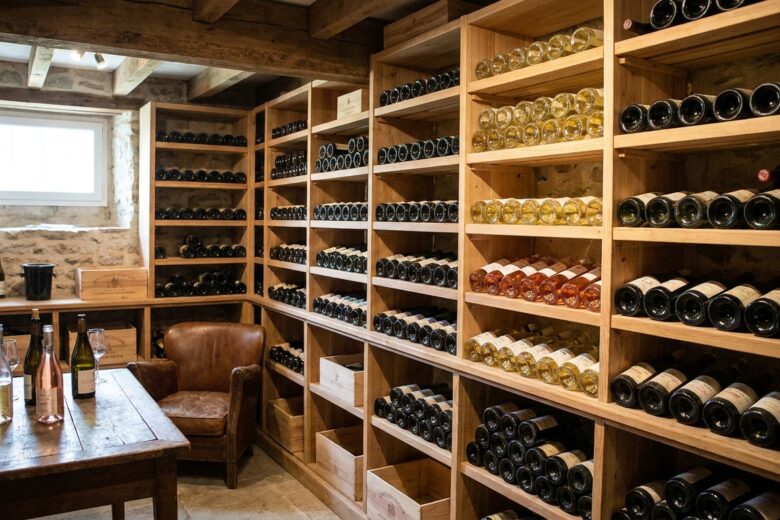 Cave à vin organisée avec casiers en bois contenant une sélection variée de bouteilles de vins rouges, blancs et rosés