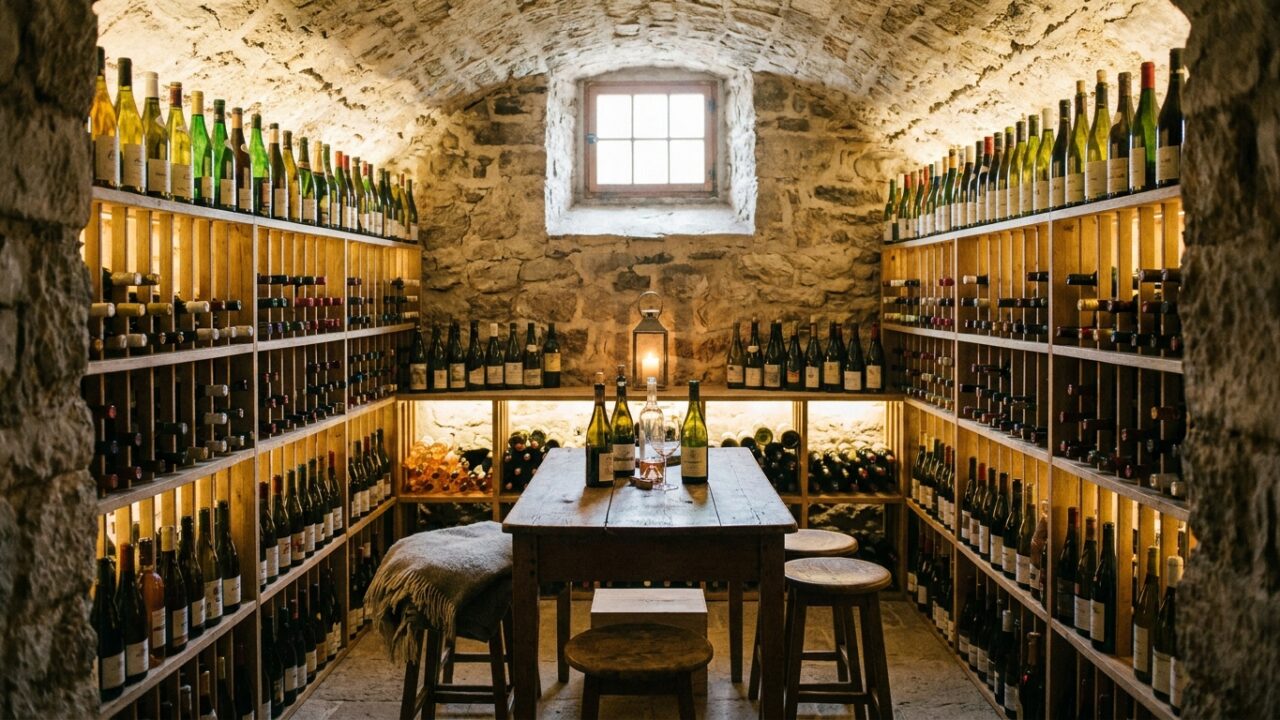 Cave à vin de départ avec casiers en bois et bouteilles variées soigneusement rangées