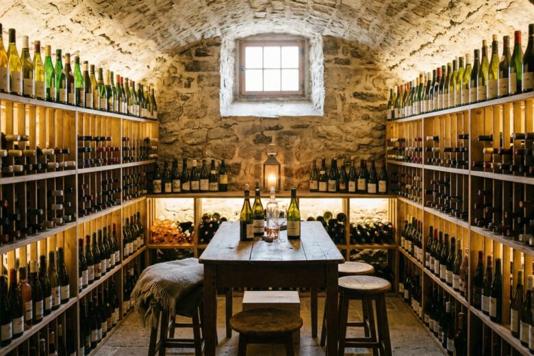 Cave à vin de départ avec casiers en bois et bouteilles variées soigneusement rangées