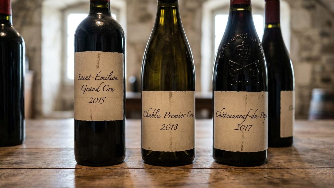 Gros plan sur des étiquettes de bouteilles de vin montrant appellations et millésimes