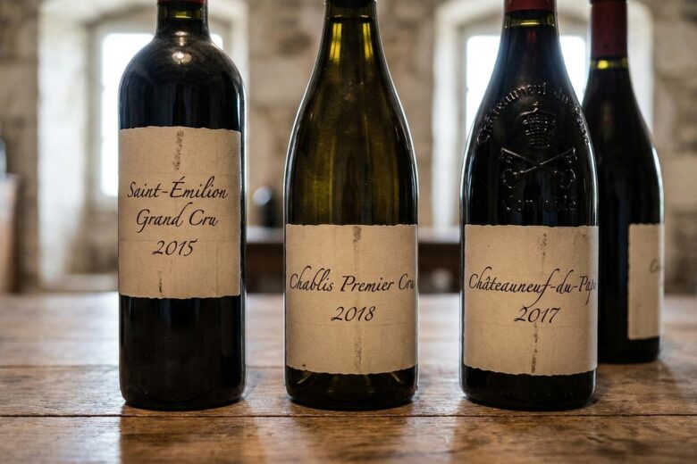 Gros plan sur des étiquettes de bouteilles de vin montrant appellations et millésimes
