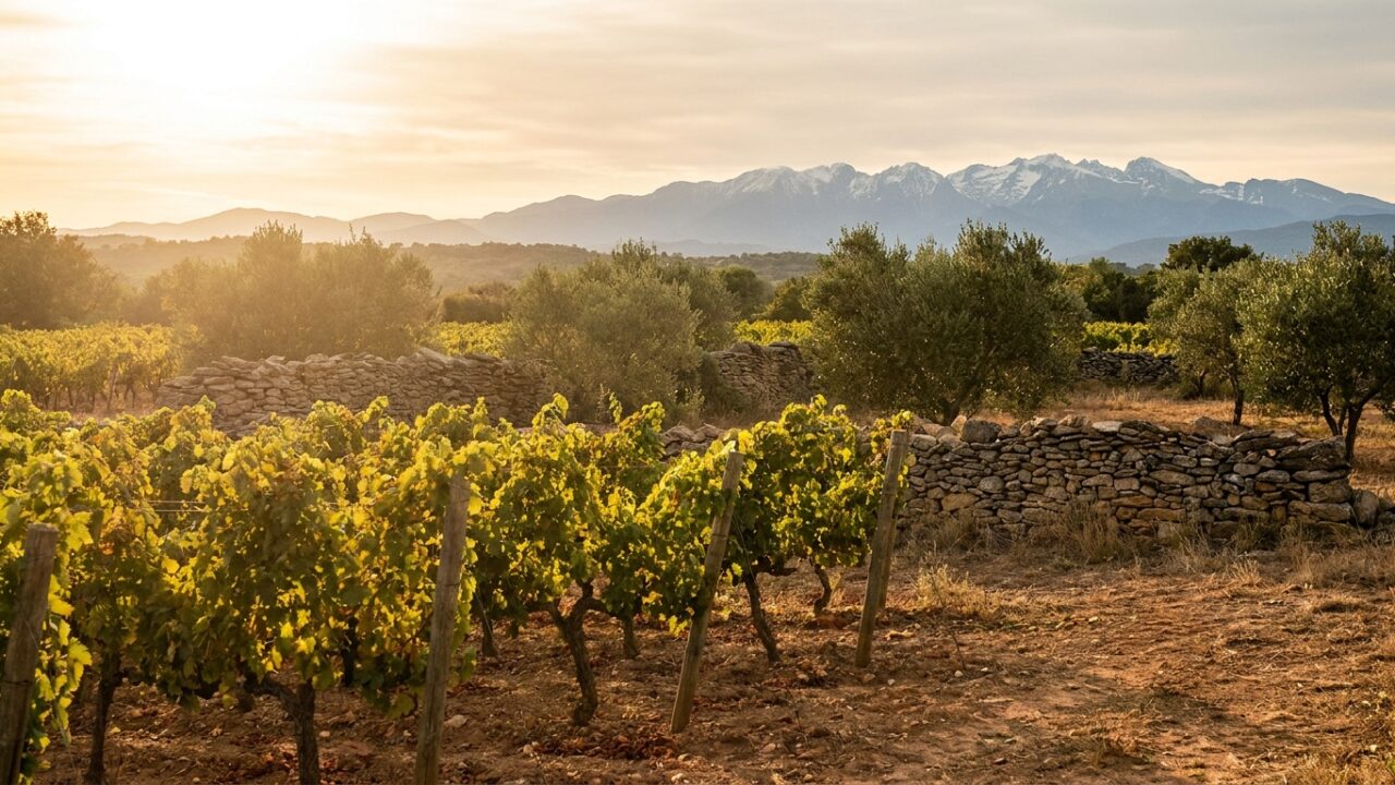 Vignoble ensoleillé du Roussillon avec les Pyrénées en arrière-plan