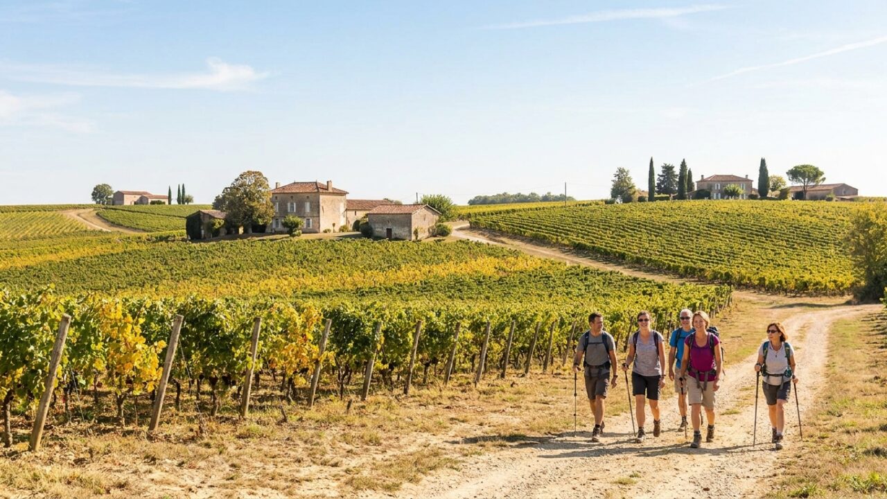 Paysage vallonné du vignoble gersois avec des vignes et des randonneurs sur un sentier