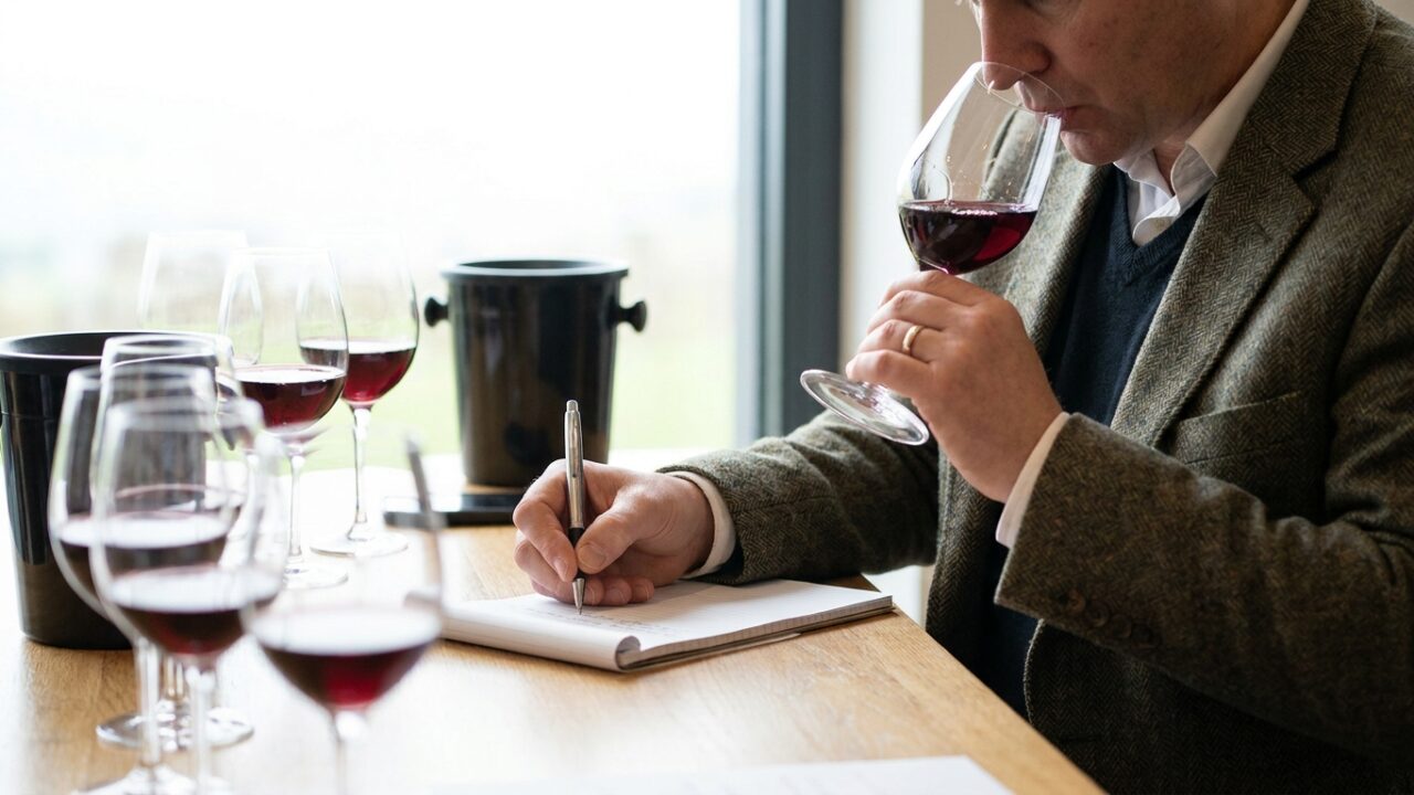 Un critique dégustant du vin et prenant des notes lors d'une séance professionnelle