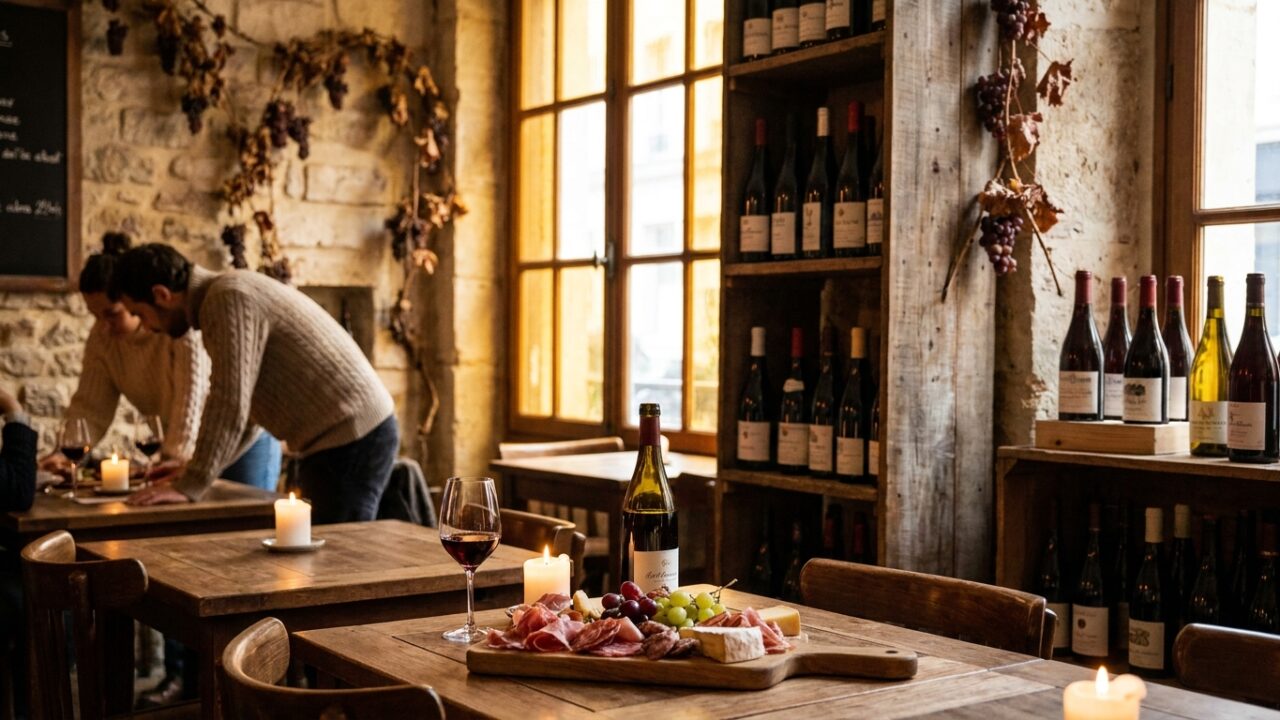 Intérieur chaleureux d'un bar à vin avec bouteilles alignées et planches à partager