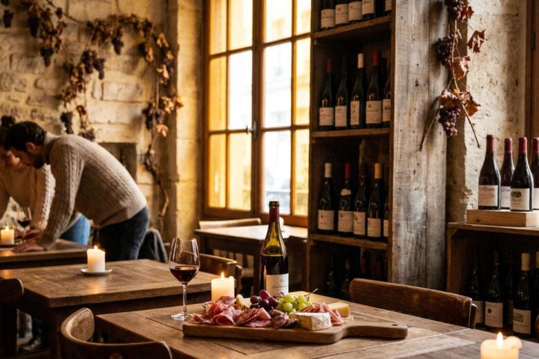 Intérieur chaleureux d'un bar à vin avec bouteilles alignées et planches à partager