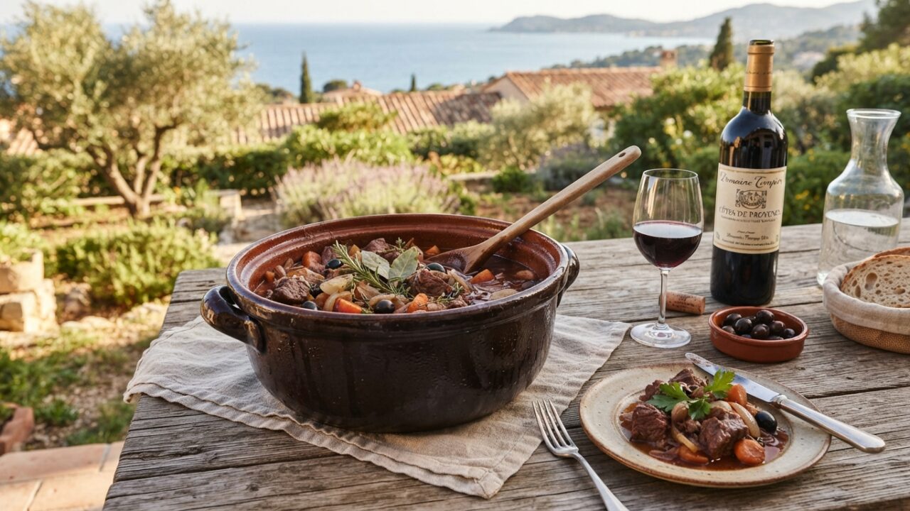 Daube niçoise mijotée au vin rouge servie dans sa daubière traditionnelle avec des herbes de Provence