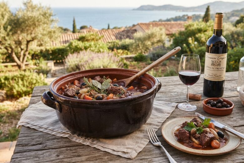 Daube niçoise mijotée au vin rouge servie dans sa daubière traditionnelle avec des herbes de Provence
