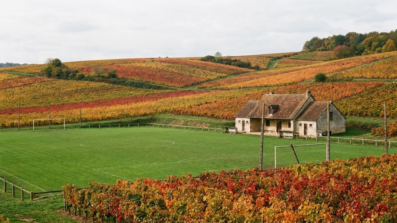 Stade de football amateur entouré de vignobles dans le Vignoble nantais