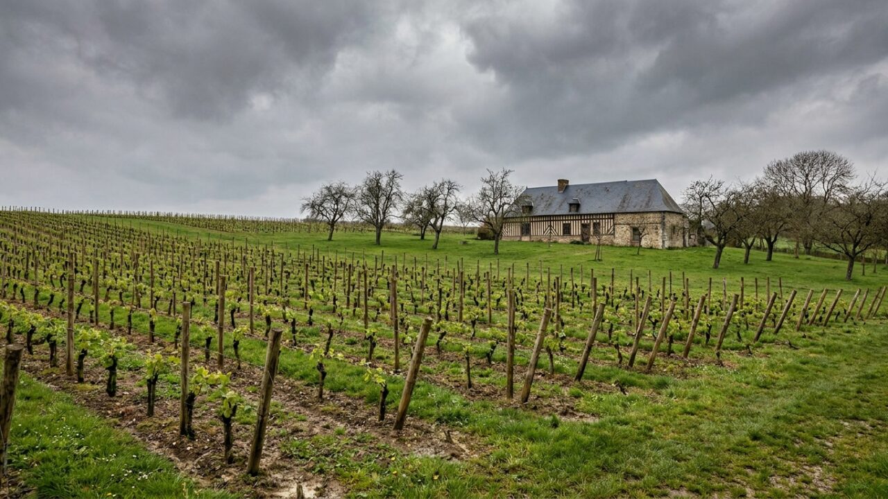 Jeunes vignes plantées dans le bocage normand avec ferme traditionnelle à colombages en arrière-plan