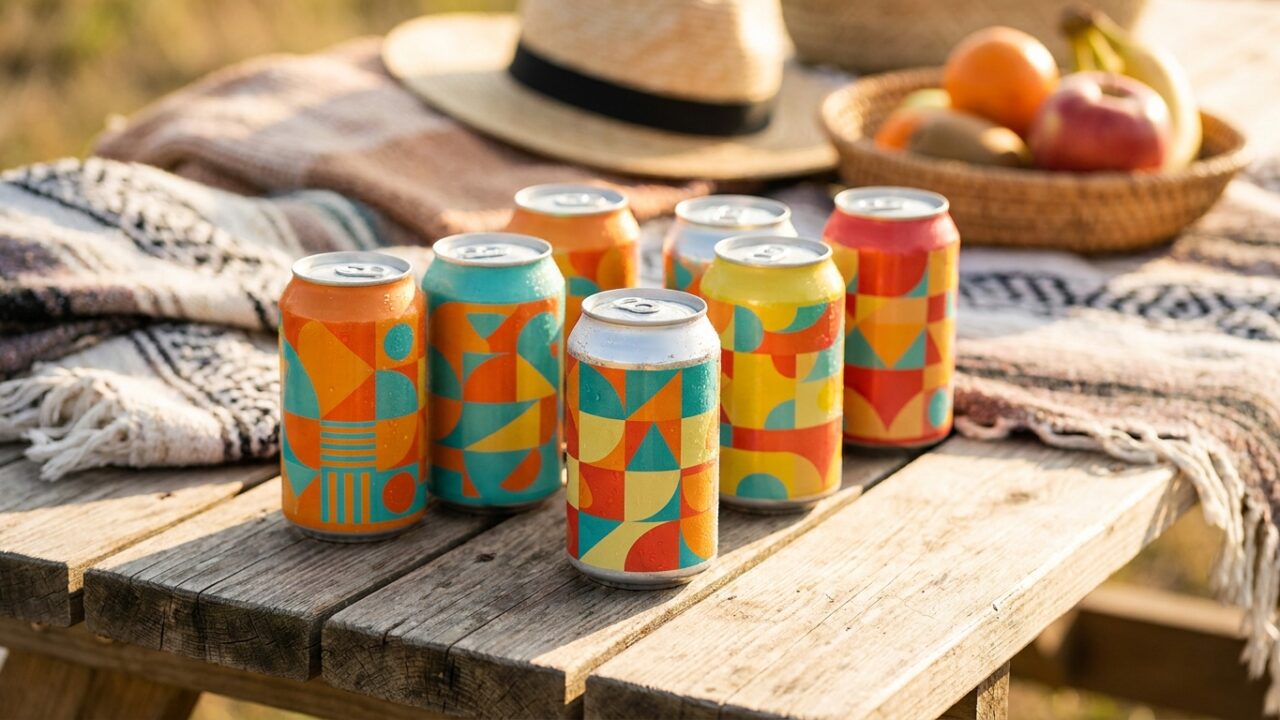 Canettes de boissons sur une table en bois dans un cadre estival
