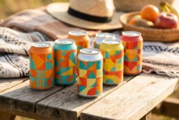 Canettes de boissons sur une table en bois dans un cadre estival