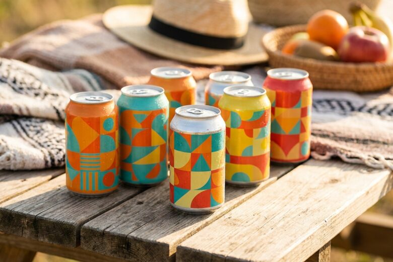 Canettes de boissons sur une table en bois dans un cadre estival