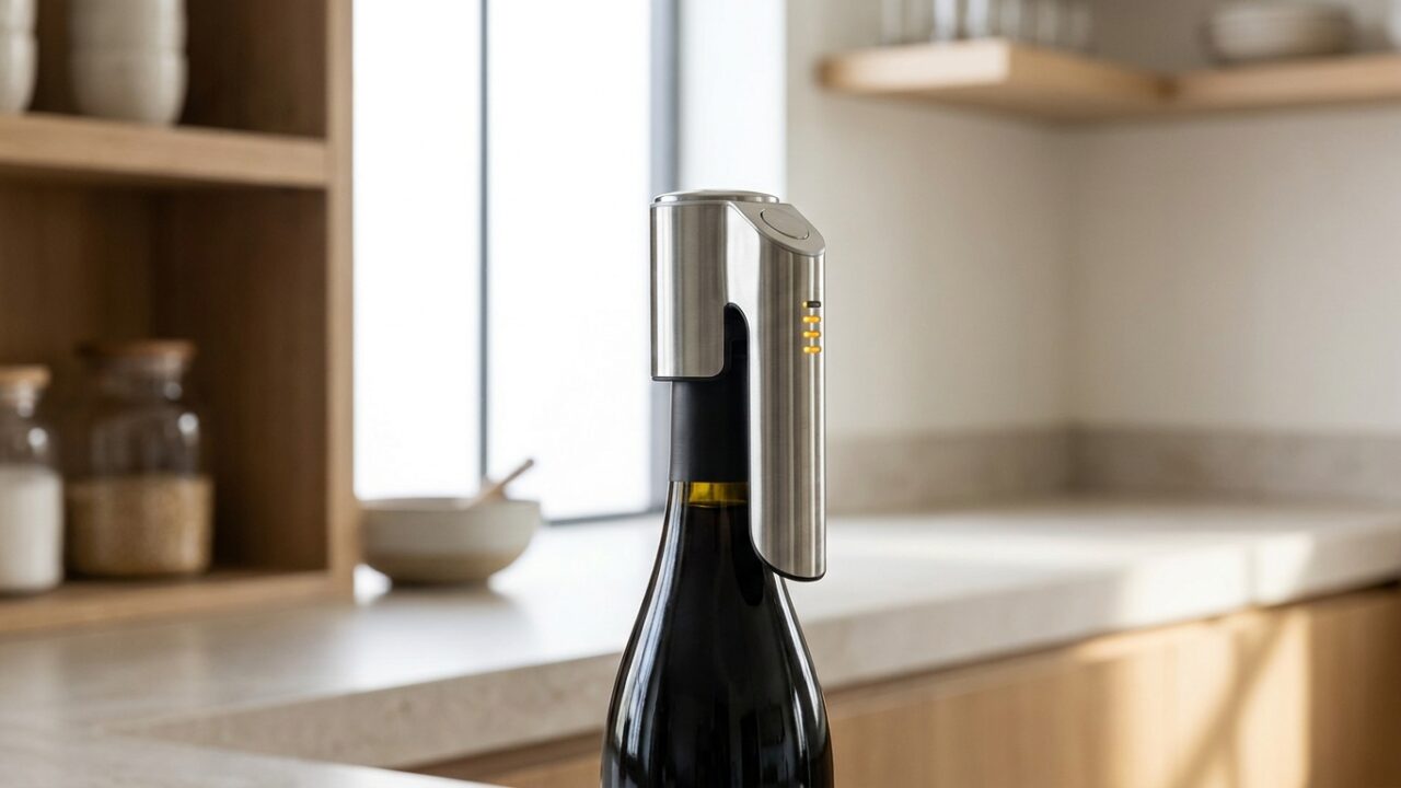 Dispositif moderne de conservation du vin fixé sur le goulot d'une bouteille dans une cuisine contemporaine