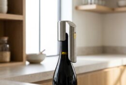 Dispositif moderne de conservation du vin fixé sur le goulot d'une bouteille dans une cuisine contemporaine