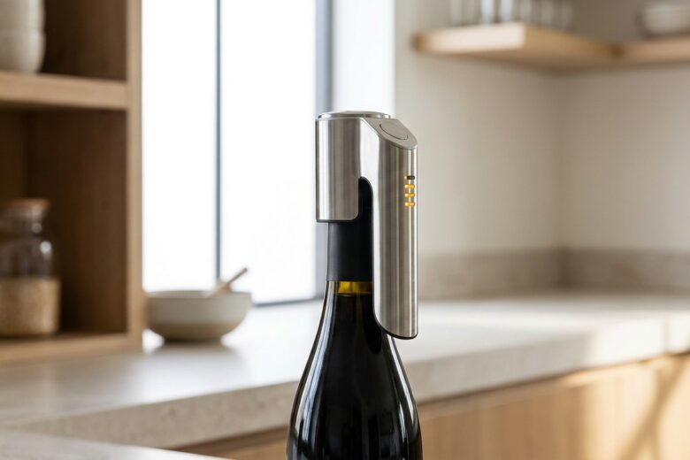 Dispositif moderne de conservation du vin fixé sur le goulot d'une bouteille dans une cuisine contemporaine