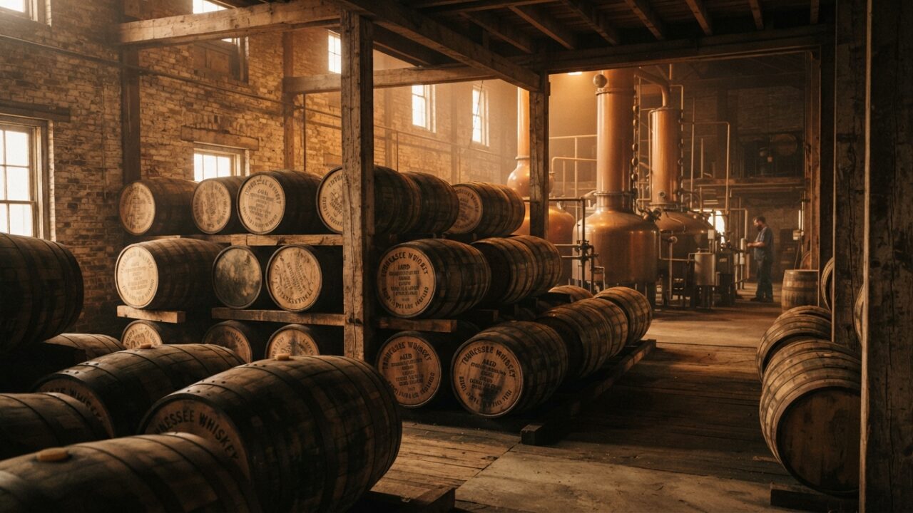 Fûts de chêne dans une distillerie traditionnelle de Tennessee whiskey