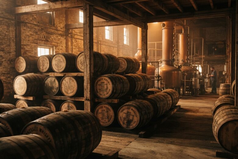 Fûts de chêne dans une distillerie traditionnelle de Tennessee whiskey