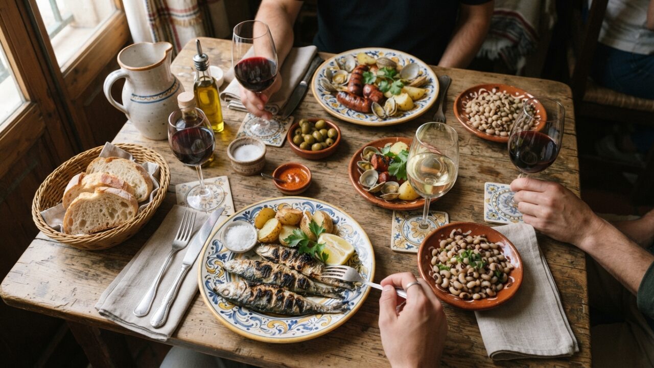 Table dressée avec verres de vin rouge et blanc accompagnant des plats portugais traditionnels