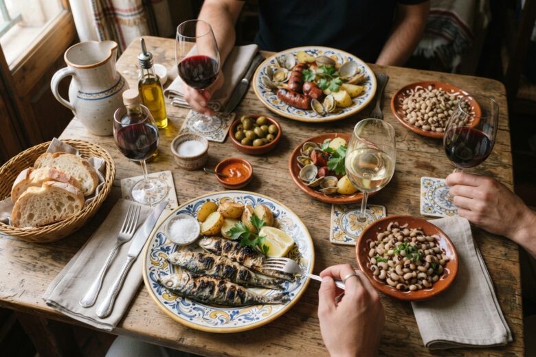 Table dressée avec verres de vin rouge et blanc accompagnant des plats portugais traditionnels