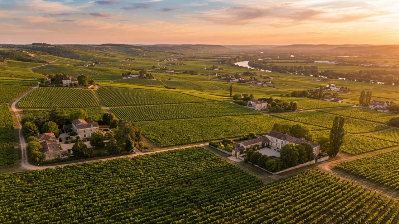 Vue aérienne du vignoble nantais au coucher du soleil avec rangées de vignes et domaines viticoles