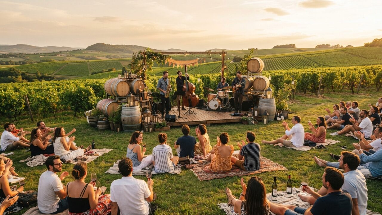 Concert de jazz en plein air au milieu des vignes du Beaujolais lors du festival de Chiroubles