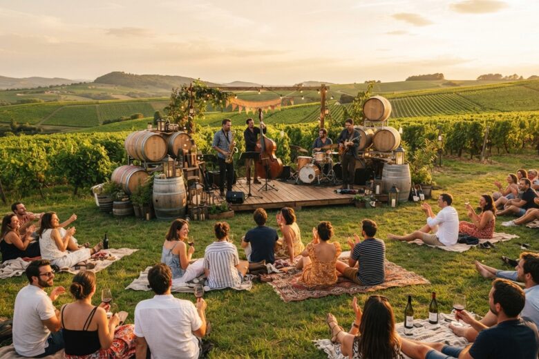 Concert de jazz en plein air au milieu des vignes du Beaujolais lors du festival de Chiroubles