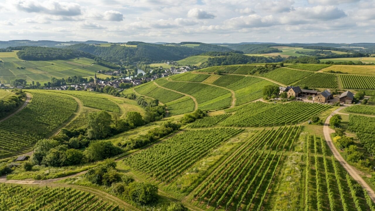Vignoble moderne sur des collines verdoyantes en Europe du Nord