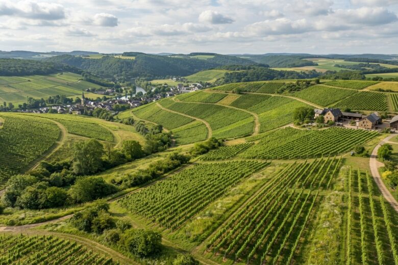 Vignoble moderne sur des collines verdoyantes en Europe du Nord