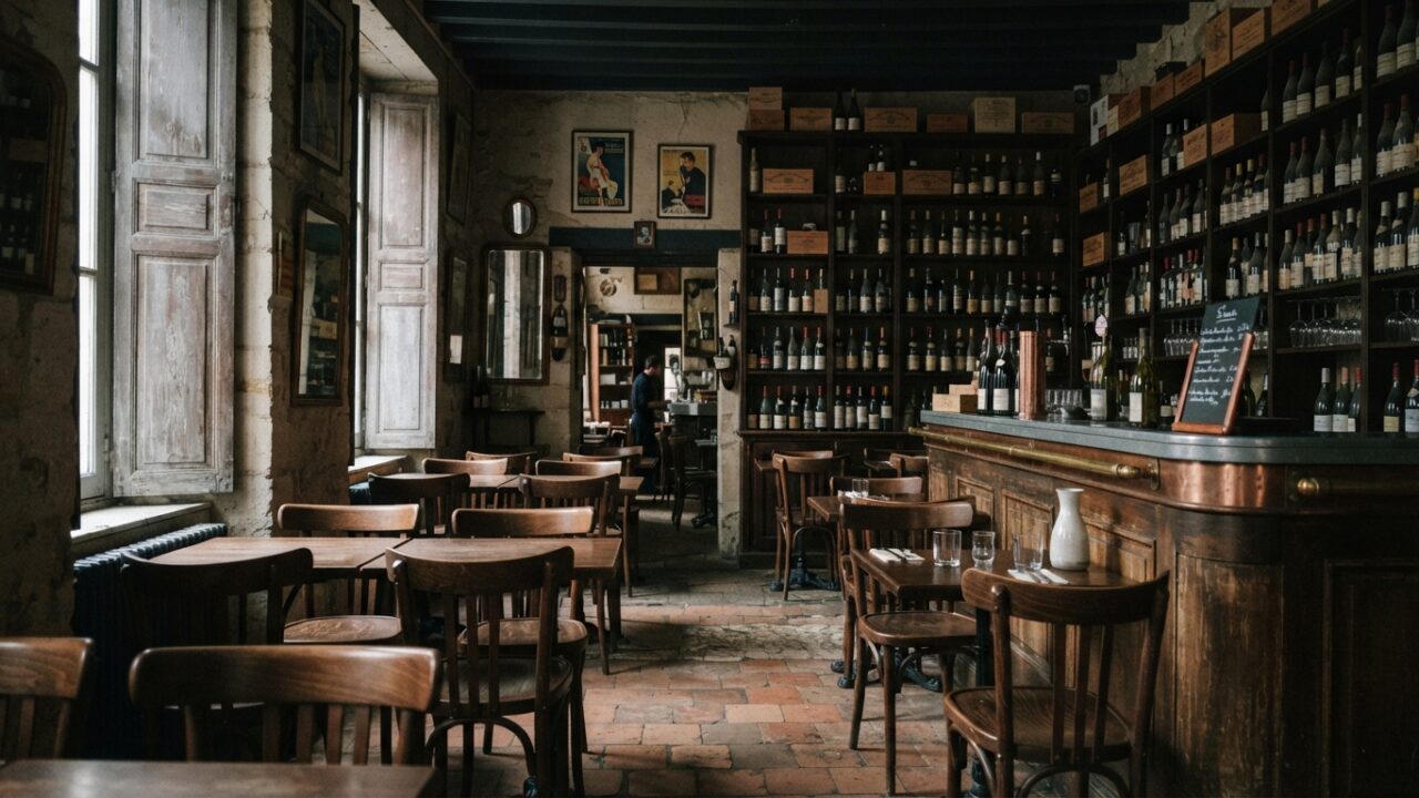 Intérieur d'un bar à vin traditionnel avec tables vides et bouteilles de vin alignées sur les étagères