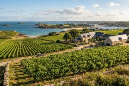 Vignoble breton sous un ciel ensoleillé avec rangées de vignes verdoyantes