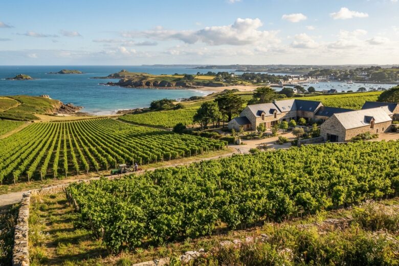 Vignoble breton sous un ciel ensoleillé avec rangées de vignes verdoyantes